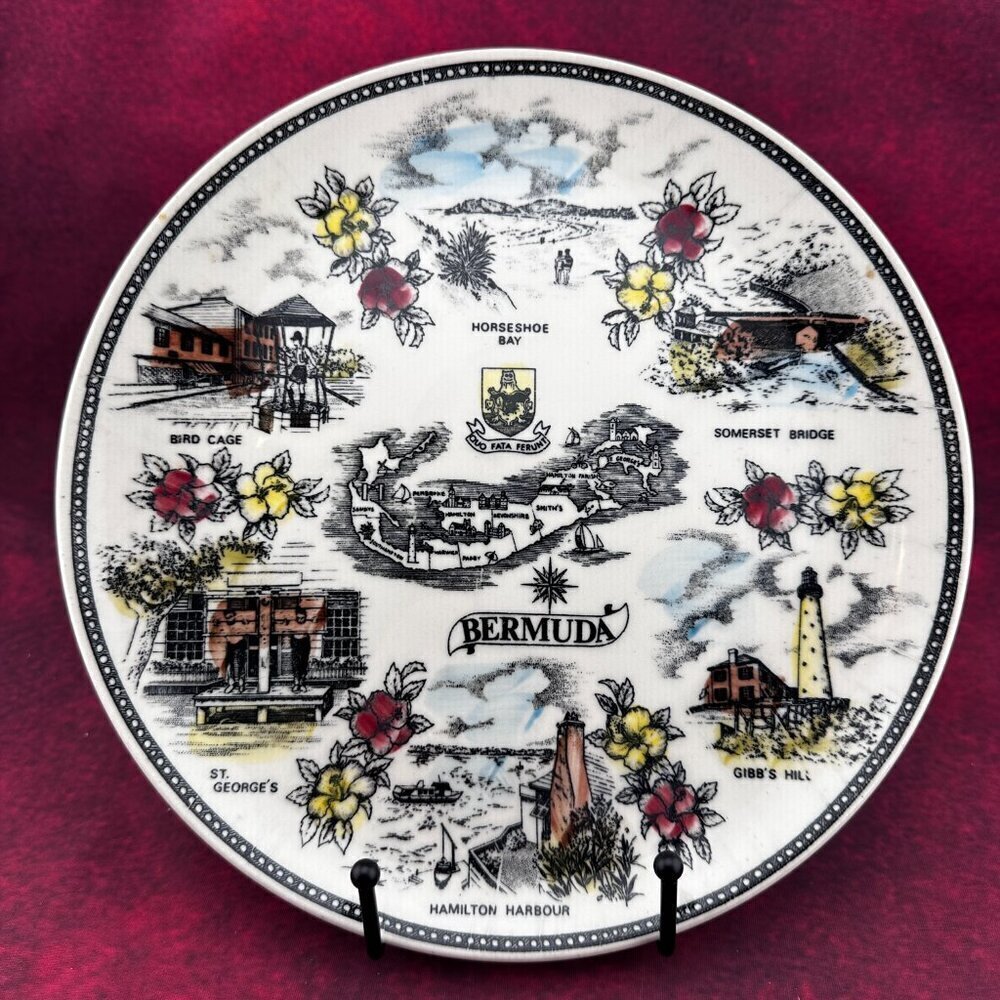 BERMUDA MAP & LANDMARKS DECORATIVE COLLECTOR'S PLATE, VINTAGE, JAPAN, 9-1/4 inch